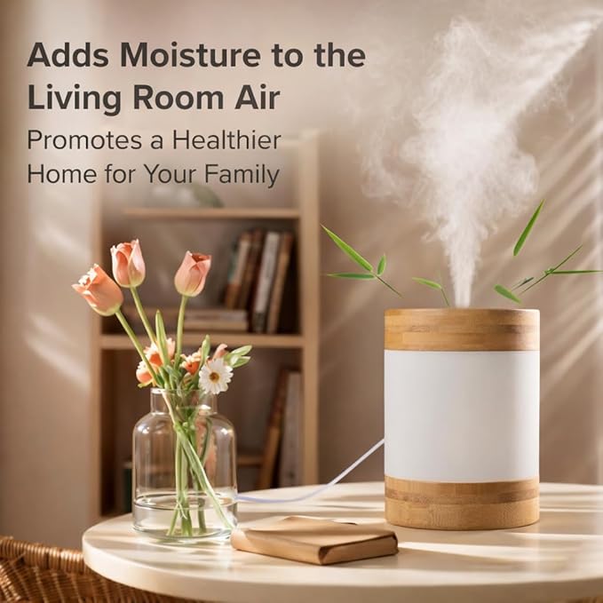 Sustainable Premium Bamboo Mini Humidifier (Improved Version) – 400ml Ultrasonic Quiet Desktop Humidifier, USB-C, Dual LED Night Light, Auto Shut-Off, Portable for Bedroom, Office & Perfect for Gift