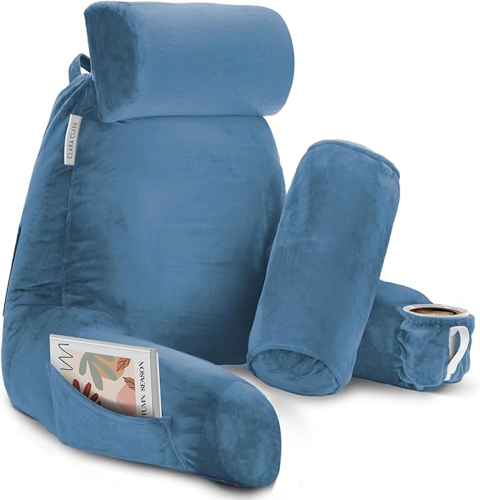 Clara Clark Reading Pillow with Shredded Memory Foam Includes 2 Neck and Lumber Support Pillows Designed for Sitting Up in Bed and Couch Back and Arms Adjustable Support for Adults & Teens Blue Heaven