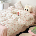 Nayoroom Pink Peach Duvet Cover Queen Size Kawaii Fruit Peaches Rabbit Printed on White Comforter Cover 3Pcs Kids Girls Soft Breathable Microfiber Cute Cartoon Bedding Set with Zipper Closure