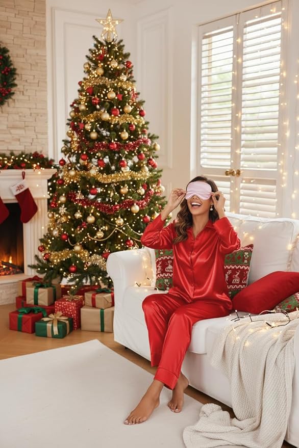 Ekouaer Women Satin Silk Pajamas Classic Long Sleeve Button Down Pjs Set Soft Loungewear