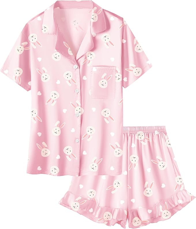 Umeyda Girls & Women Satin Pajamas Set Button Down 2 Piece Silk Pjs Shorts Set Ruffle Sleepwear, 5 Years-Women L