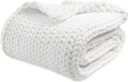 YnM Velvet Weighted Blanket, Handmade Chunky Knitted Design, Soft and Cozy, Temperature Regulating and Breathable, Machine Washable Throw for Sleep or Home Decor (White, 60x80 Inch, 15lbs)