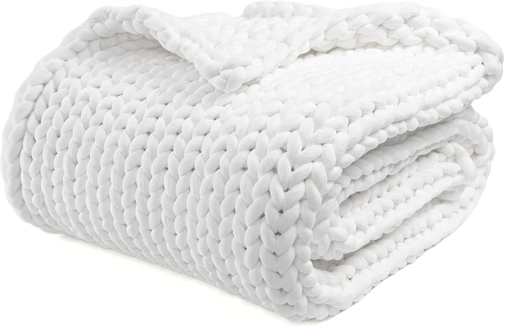 YnM Velvet Weighted Blanket, Handmade Chunky Knitted Design, Soft and Cozy, Temperature Regulating and Breathable, Machine Washable Throw for Sleep or Home Decor (White, 80x87 Inch, 25lbs)