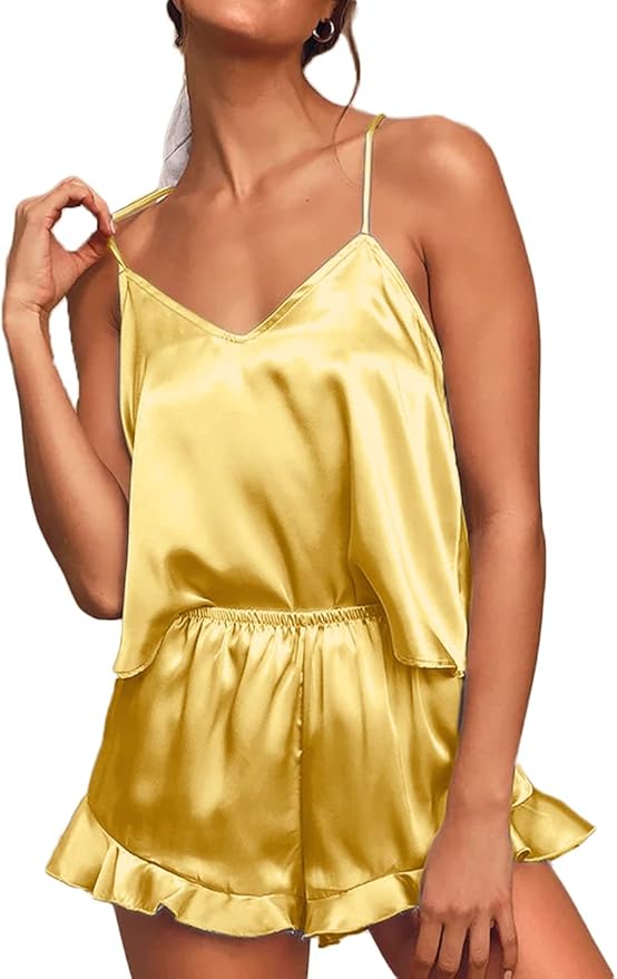 CHYRII Women's Sexy Silk Satin Ruffled Pajamas Sets Cami Shorts Sets Sleepwear