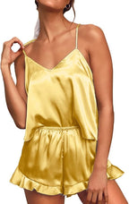 CHYRII Women's Sexy Silk Satin Ruffled Pajamas Sets Cami Shorts Sets Sleepwear