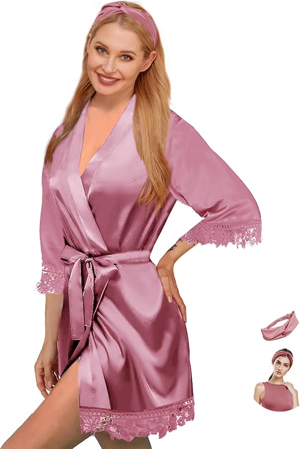 Silk Robes for Womens 2Pcs Satin Robe Kimonos Bridesmaid Bride Lace Bathrobes Sleepwear Bridal Silky Loungewear Wedding Robes