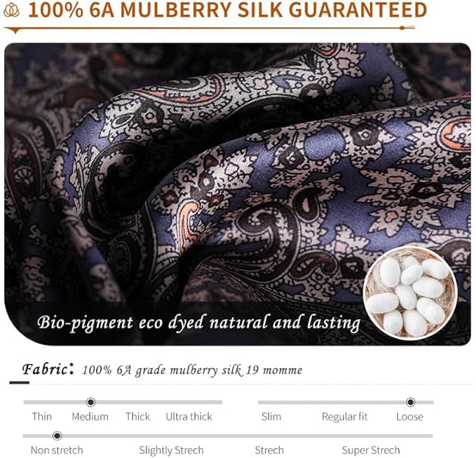 Men's 100% Mulberry Silk Long Robe Kimono Paisley Print Bath Robe, Heavy Silk 19 Momme Dressing Gown