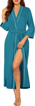 Ekouaer Robes for Women Long Knit Bathrobe Lightweight 3/4 Sleeves Kimono Robe Soft Sleepwear with Pockets S-XXL