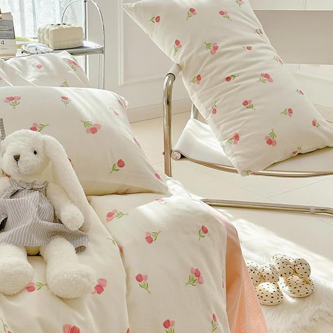 Nayoroom Pink Floral Duvet Cover Queen Size Cute Tulip Printed on White Comforter Cover 3Pcs Kids Girls Kawaii Cottagecore Bedding Set with Zipper Closure Soft Breathable Microfiber