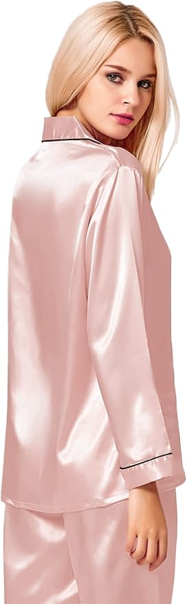 SWOMOG Womens Silk Satin Pajamas Set Long Sleeve Button Down Sleepwear 2 Piece Lounge Set Pj Set XS-3XL