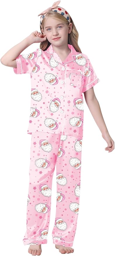 Umeyda Girls Womens Pajamas Set, Satin Silky Button Down Loungewear 2 Piece Short Sleeve Pants PJS Sets for Mommy Kids
