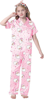 Umeyda Girls Womens Pajamas Set, Satin Silky Button Down Loungewear 2 Piece Short Sleeve Pants PJS Sets for Mommy Kids