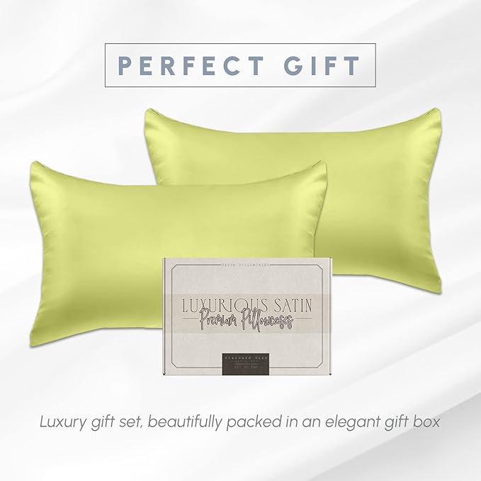 Elegant Comfort 2-Pack Cooling Viscose Satin Pillowcase Set with Hidden Zipper Closure, Silky Smooth for Best Hair and Skin Care-Beautiful Gift Box-2-Piece Satin Pillowcase Set, King, Pistachio Green