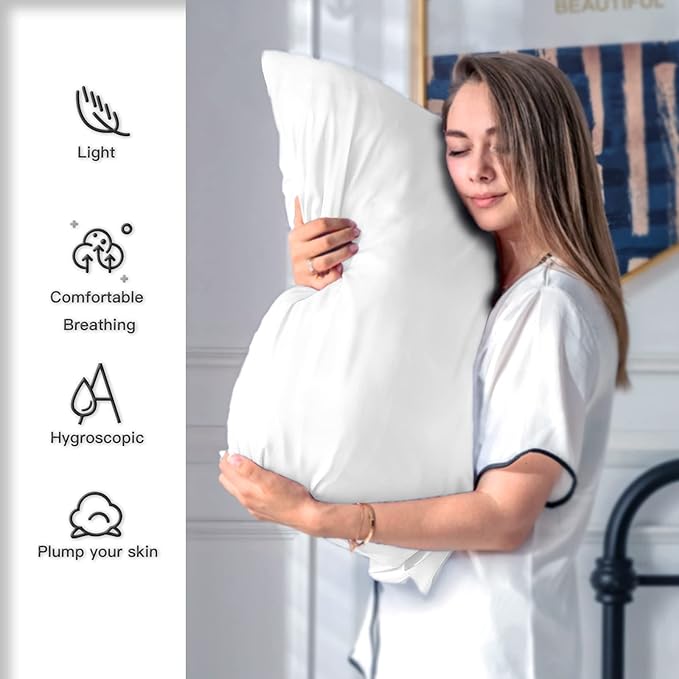 Silk Pillow Cases 2 Pack,Soft Breathable and Sliky Queen Size Pillow Cases Set of 2,Natural Mulberry Silk Pillowcase Set of 2 for Hair and Skin with Hidden Zipper (White,20"X 30",2pcs)