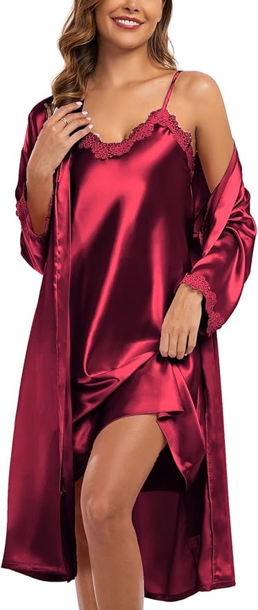 BestWendding Women's Silk Robe Set 2 Pieces Pajamas Sets Sexy Soft Satin Robe with V Neck Camisole Lingerie Nightgown