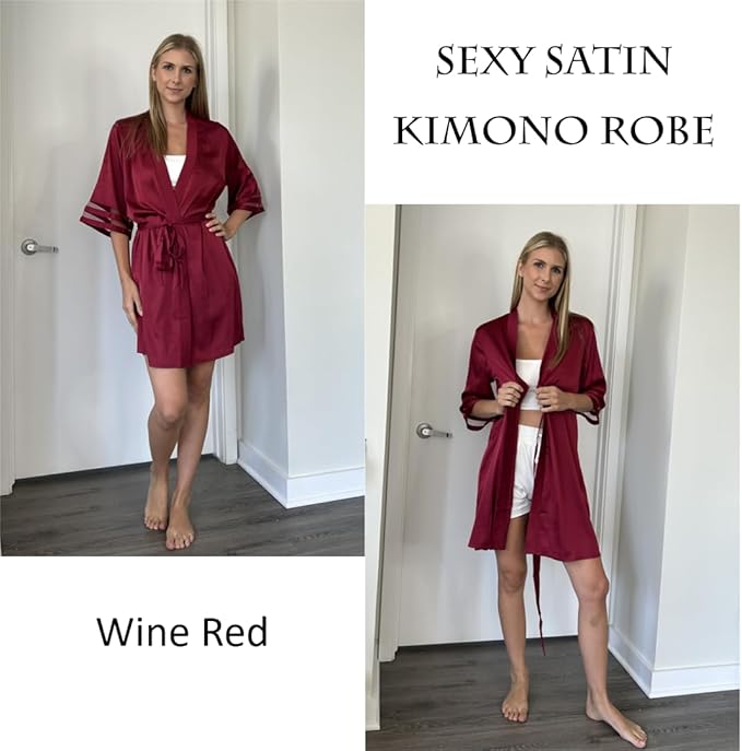 Ekouaer Women's Satin Robe Silk Kimono Bathrobe Bridesmaid Wedding Bridal Party Robes 3/4 Bell Sleeve Sleepwear S-XXL