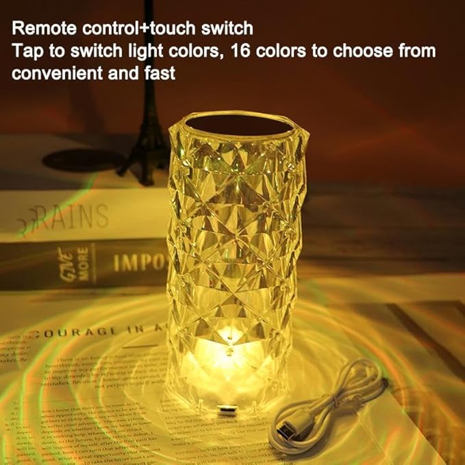Can Switch 16 Colors Artificial Crystal Table Lamp RGB Color Changing Rose Diamond Design with Remote Control USB Charging Touch Sensor Ambient Lighting