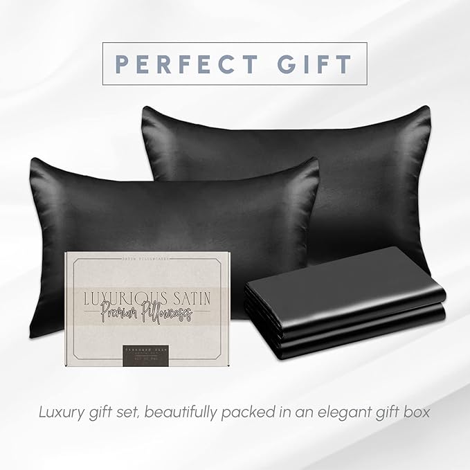 Elegant Comfort 4-Pack Cooling Viscose Satin Pillowcase Set with Hidden Zipper Closure, Silky Smooth for Best Hair and Skin Care-Beautiful Gift Box-4-Piece Satin Pillowcase Set, King, Black