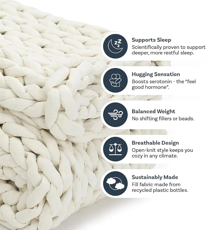 Nuzzie Original Knit Weighted Blanket - Breathable, Cooling, Hand Made Knit Throw Blanket for Sleep - Machine Washable, Stylish Design (Cream, Full | 16lbs | 48"x72")
