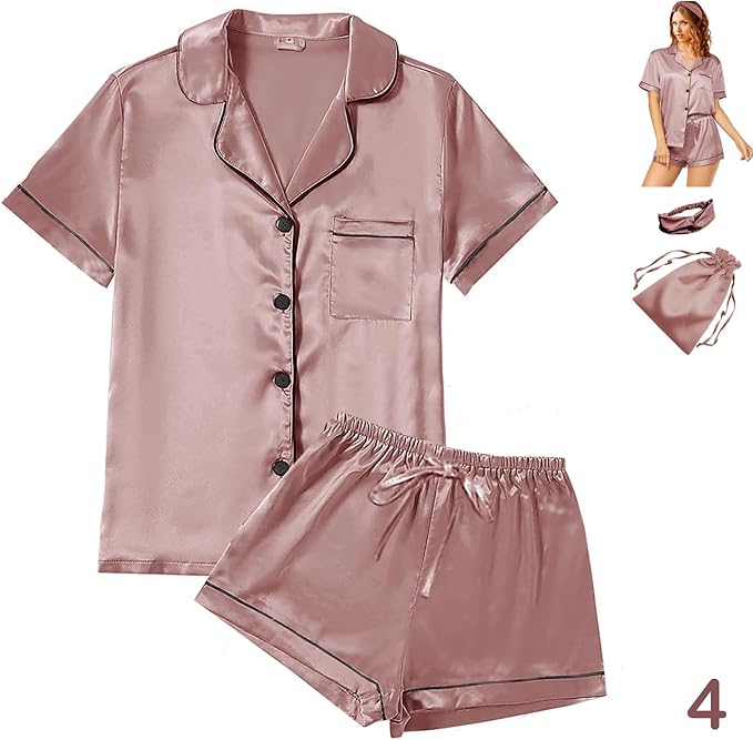 WJing Yi Jia 4Pcs Womens Satin Silky Pajama Sets Short Sleeve Shirt XS-4XL Floral Pajamas Set Soft PJ Loungewear Sleepwear