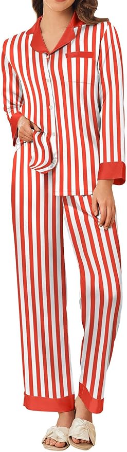 Ekouaer Silk Pajamas for Women Long Sleeve Satin Pajama Set Silky Pj Sets 2 Piece Button Down Loungewear Sleepwear