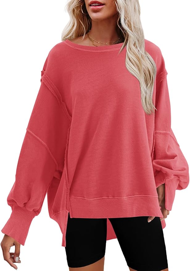 Nirovien Womens Oversized Crewneck Sweatshirt Side Slit Long Sleeve Pullover Slouchy Fit Tops