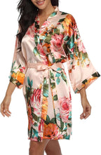 Floral Silk Robes for Women Kimono Satin Short Bath Robe Bridal Dressing Gown Bride Bridesmaids Lightweight Bathrobes