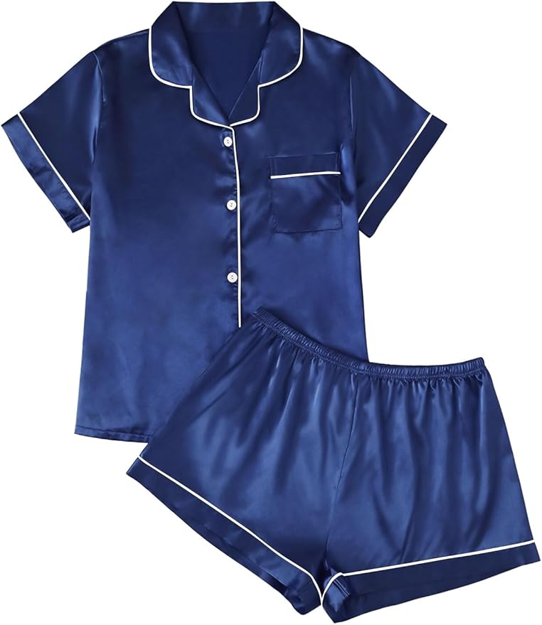 LILLUSORY Silk Satin Pajama Set for Women 2 Piece Lounge Pjs Winter Matching Summer Sleepwear Button Down Shirt Shorts