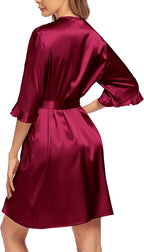 Ekouaer Women's Satin Robe Valentines Lingerie for Women Kimono Bathrobe Short Ruffle Belted Robes Bridesmaids Sleepwear