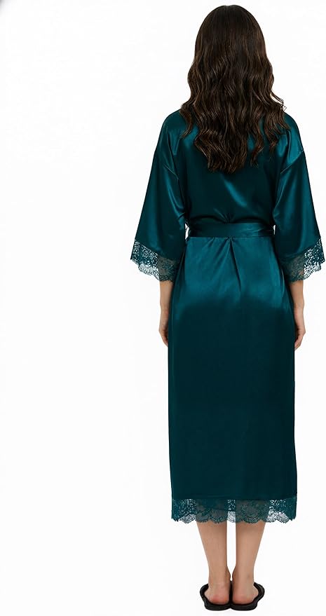 Long Satin Robes for Women Ankle Length Kimono Robes Silky Bridal Party Robes with Lace Trim Bridesmaid Loungewear Sleepwear
