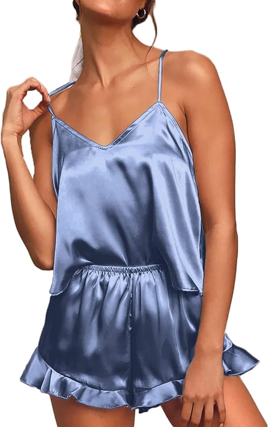 CHYRII Women's Sexy Silk Satin Ruffled Pajamas Sets Cami Shorts Sets Sleepwear
