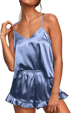 CHYRII Women's Sexy Silk Satin Ruffled Pajamas Sets Cami Shorts Sets Sleepwear
