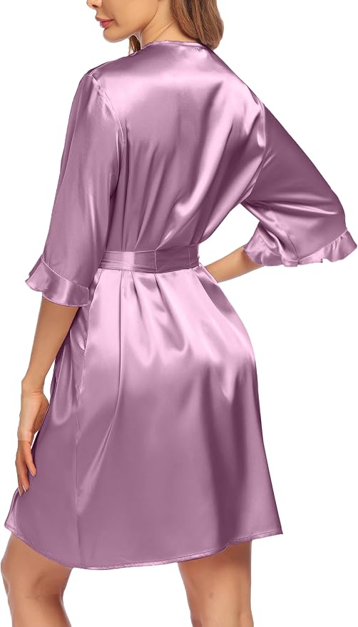 Ekouaer Women's Satin Robe Valentines Lingerie for Women Kimono Bathrobe Short Ruffle Belted Robes Bridesmaids Sleepwear