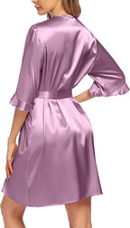 Ekouaer Women's Satin Robe Valentines Lingerie for Women Kimono Bathrobe Short Ruffle Belted Robes Bridesmaids Sleepwear