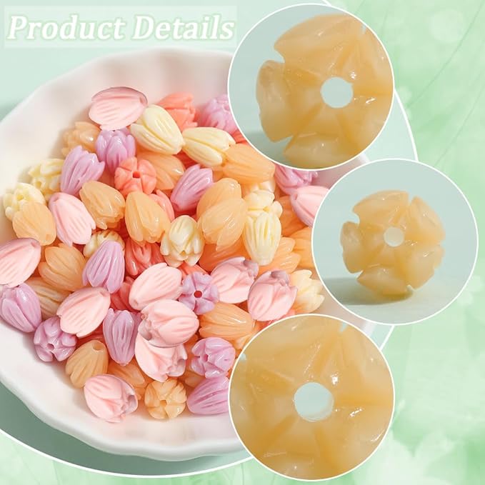 100Pcs 7x9mm 4 Colors Acrylic Flower Beads Jasmine Flower Beads Small Coral Shell Dyed Synthetic 3D Carved Cute Loose Beads Flowers for Jewelry Making Beading DIY Bracelet Necklace Earring