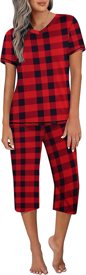Ekouaer Women's Sleepwear Capri Pajama Sets Short Sleeve Two-Piece Pjs V Neck Tops & Capri Pants with Pockets S-3XL