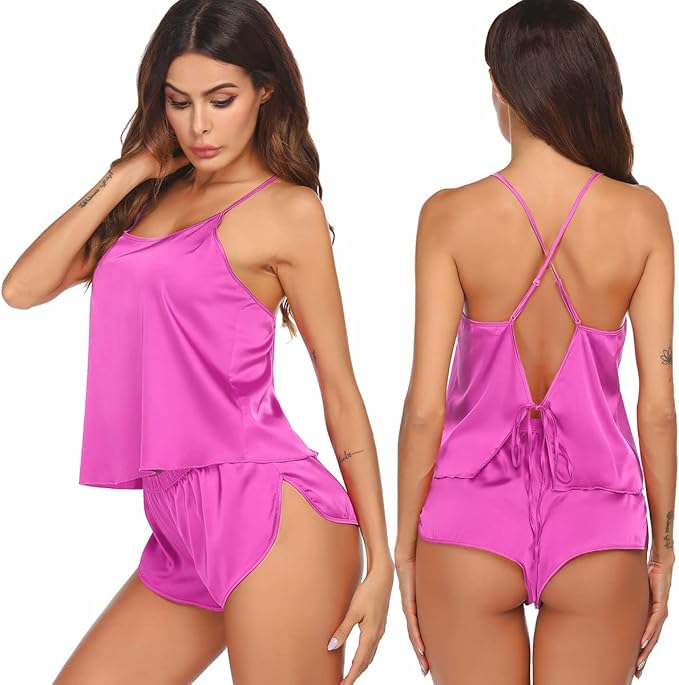 Ekouaer Silk Pajamas Set for Women Satin Backless Lingerie Pjs Cami Top and Shorts Nightwear