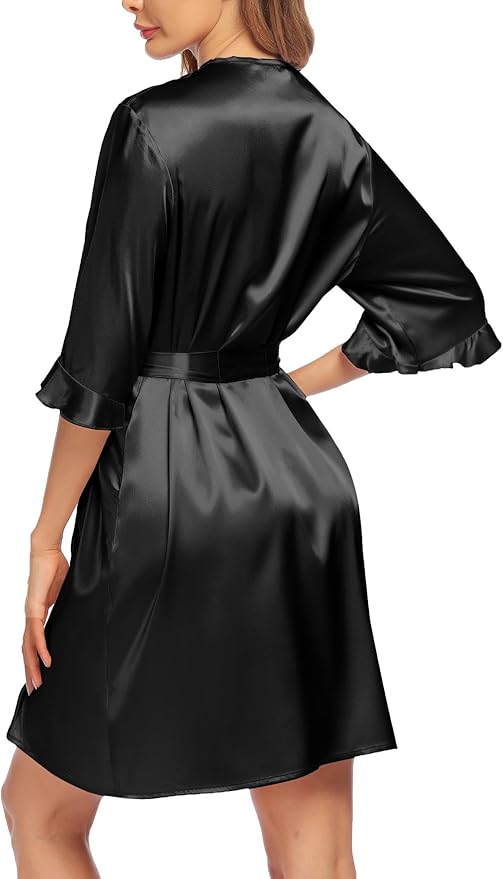 Ekouaer Women's Satin Robe Valentines Lingerie for Women Kimono Bathrobe Short Ruffle Belted Robes Bridesmaids Sleepwear
