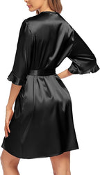 Ekouaer Women's Satin Robe Valentines Lingerie for Women Kimono Bathrobe Short Ruffle Belted Robes Bridesmaids Sleepwear