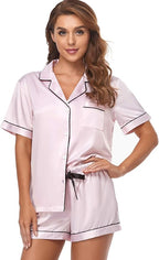 Serenedelicacy Women's Satin Pajama Set 2-Piece Sleepwear Loungewear Button Down Short Sleeve Silky PJ Set