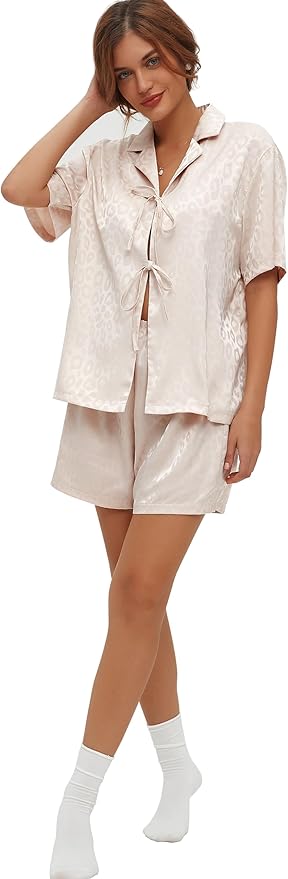 CHYRII Women's Silk Satin Pajamas Sets Tie Front Short Sleeve Tops and Shorts Two Piece Pj Sets Sleepwear