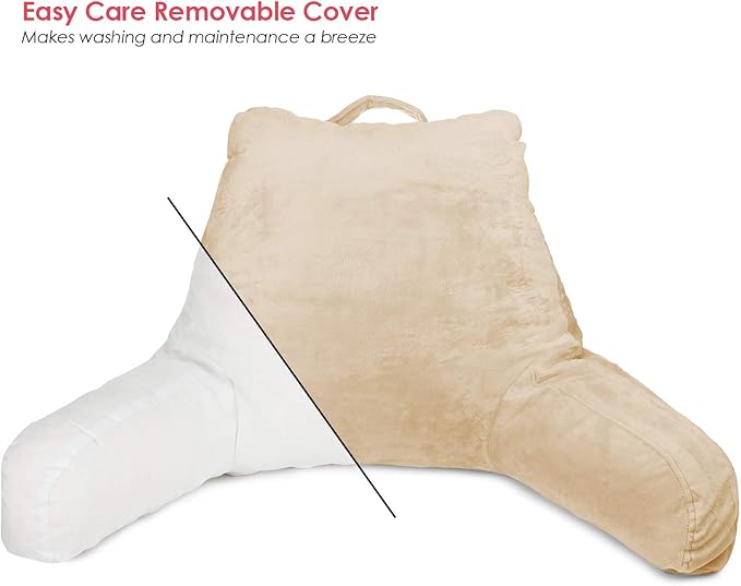 Clara Clark Reading Pillow with Shredded Memory Foam for Sitting Up in Bed and Couch, Back and Arms Adjustable Support for Adults & Teens Backrest Pillows for Reading, with Washable Cover Beige Cream