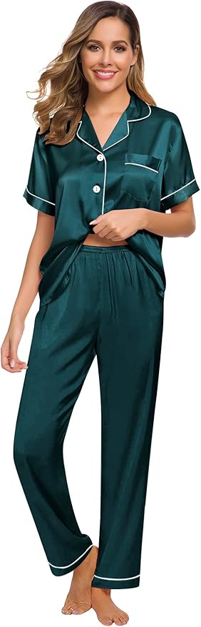 SWOMOG Women Satin Pajamas Set Short Sleeve Top & Pants Sleepwear Silky Button Down Nightwear 2pcs Loungewear Pjs Set
