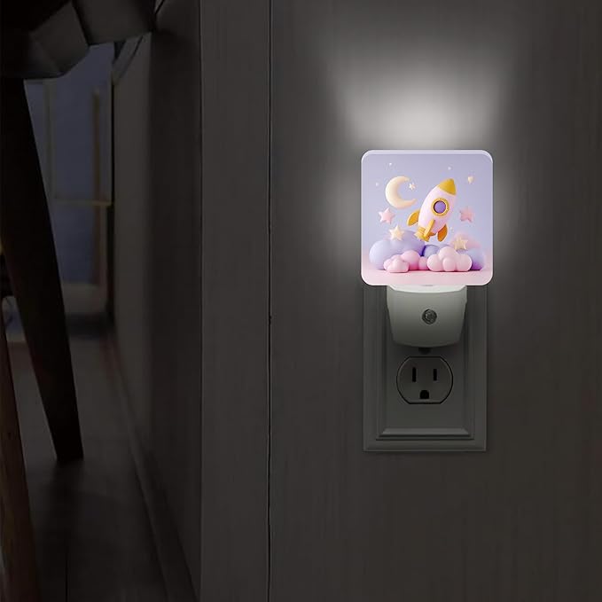 Rocket Night Lights Plug Into Wall, Playful Fanciful Moon Stars None Pastel Peach Plug in Night Light with Dusk to Dawn Sensor for Bathroom Closet Laundry Room Decor 1pcs