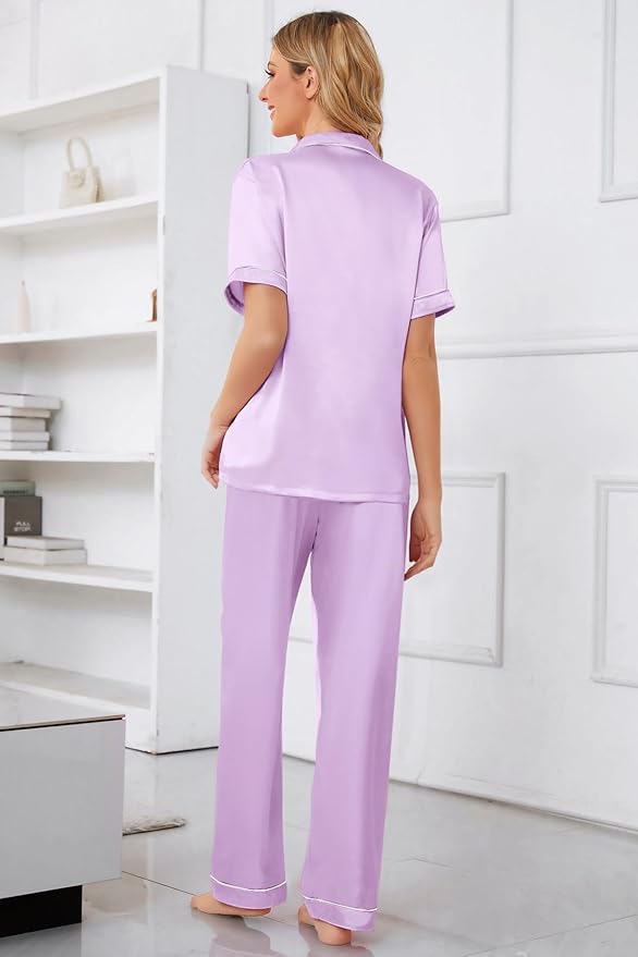 Umeyda Girls Womens Pajamas Set, Satin Silky Button Down Loungewear 2 Piece Short Sleeve Pants PJS Sets for Mommy Kids