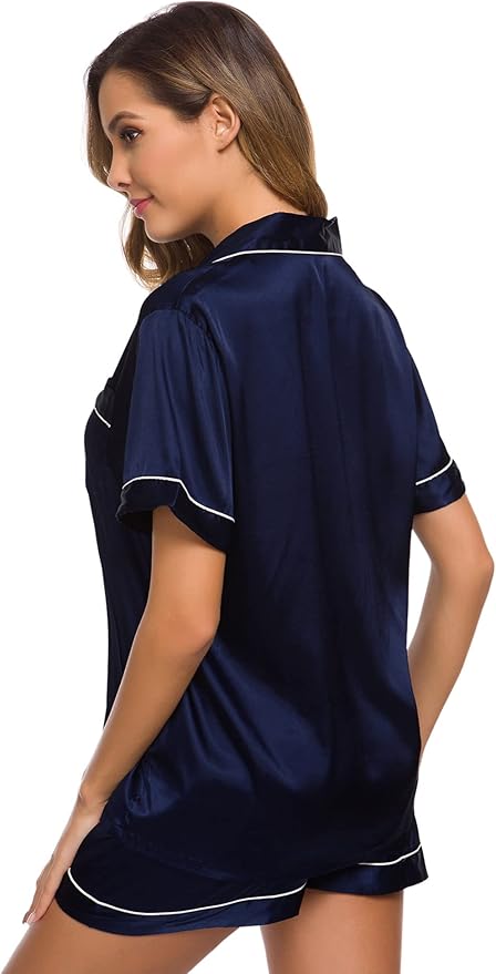 SWOMOG Womens Silk Satin Pajamas Set Short Sleeve Sleepwear Button Down Top and Shorts Loungewear 2 Piece Pjs Set XS-3XL