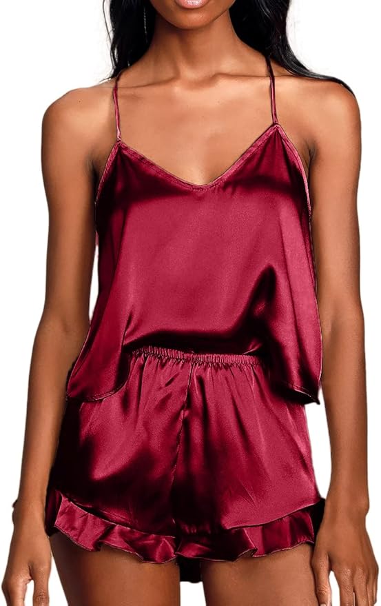 CHYRII Women's Sexy Silk Satin Ruffled Pajamas Sets Cami Shorts Sets Sleepwear