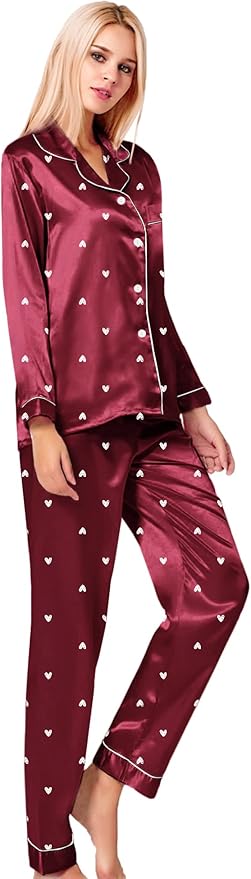 SWOMOG Womens Silk Satin Pajamas Set Long Sleeve Button Down Sleepwear 2 Piece Lounge Set Pj Set XS-3XL
