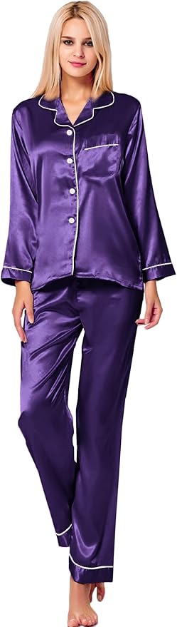 SWOMOG Womens Silk Satin Pajamas Set Long Sleeve Button Down Sleepwear 2 Piece Lounge Set Pj Set XS-3XL