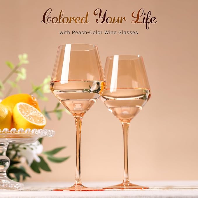 Peach Color Wine Glasses Set 6-16oz Blush Pink Wine Glass with Stem-Hand Made Light Peach Wine Glass-Unique Pastel Pink Wine Glasses for Women Party